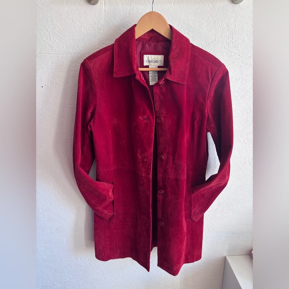 Vintage Cherokee 100% Suede Leather Red Collared Long Sleeve Button Jacket Coat - Picture 5 of 14